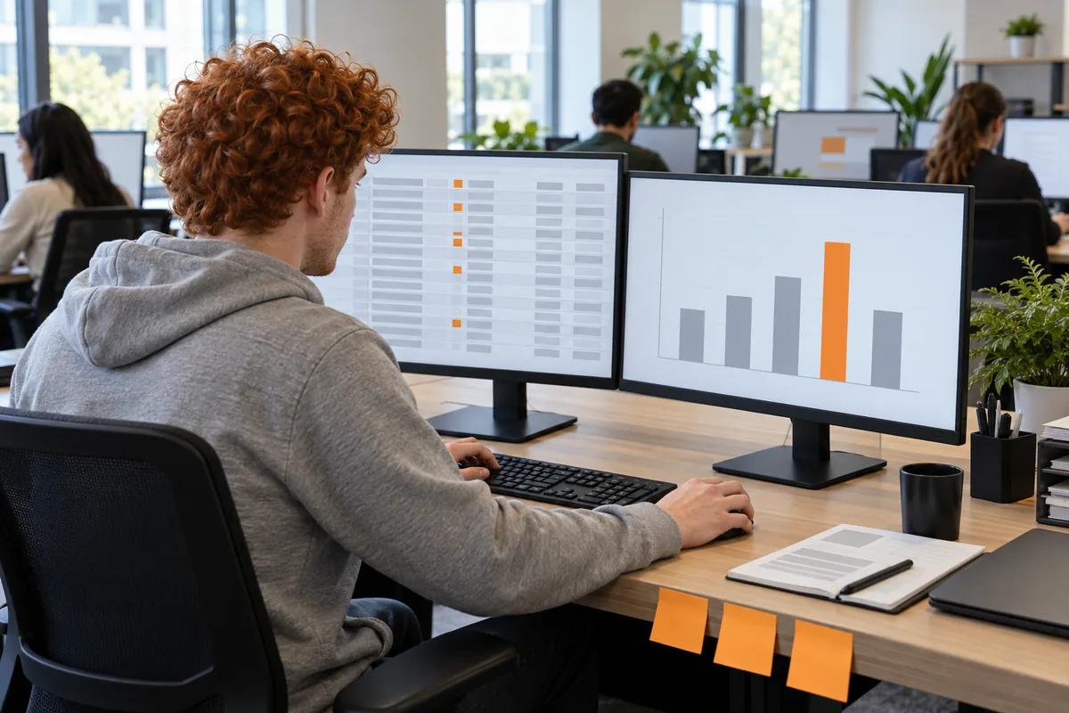 A young man with curly red hair in a grey hoodie works at two monitors showing a grid of test rows and a bar chart with one orange bar, orange sticky notes on the desk.