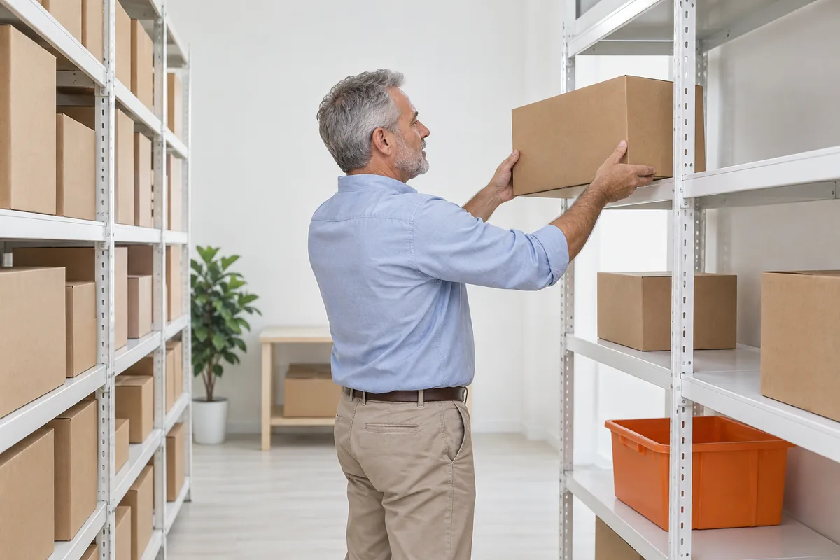 A grey-haired man in a light blue shirt lifts a plain cardboard box onto a white shelf above an orange storage bin in a stockroom.