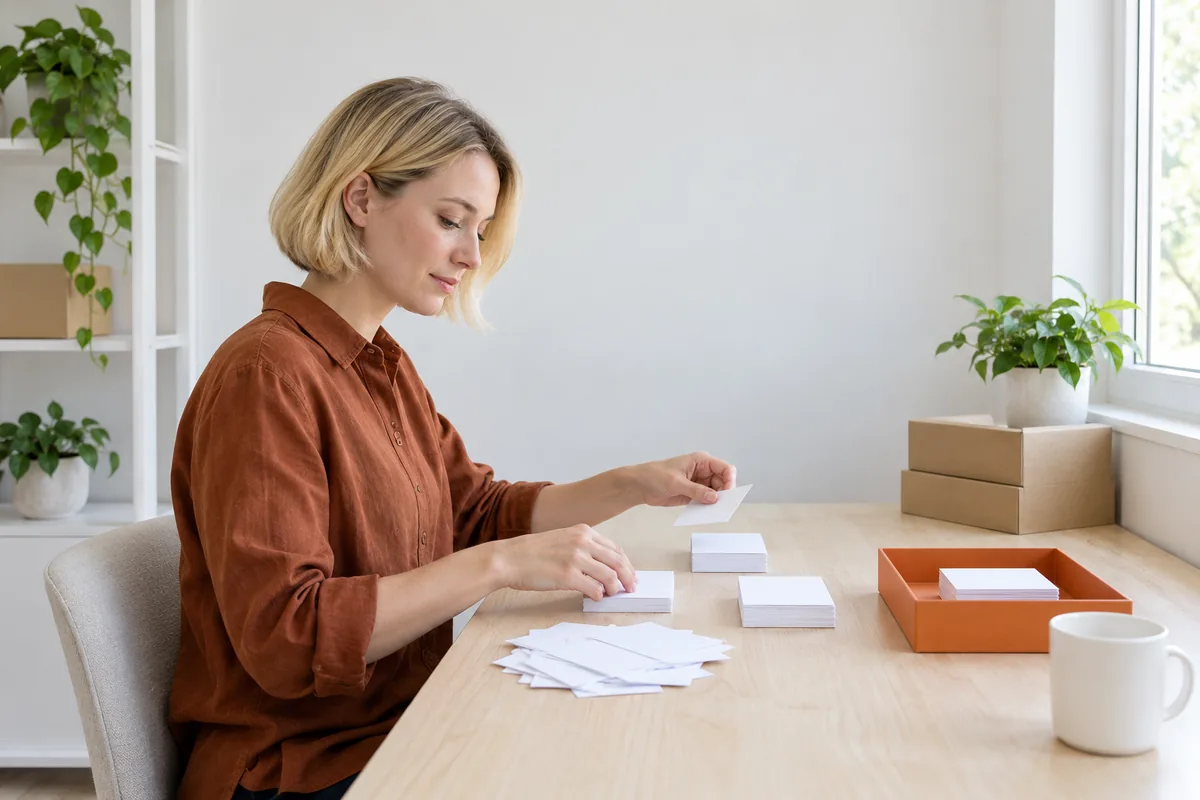 A woman with a blonde bob in a rust shirt sorts blank white cards into neat stacks at a desk beside an orange tray.