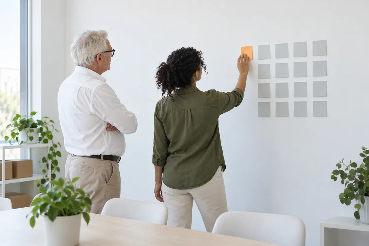 A woman in an olive shirt presses an orange sticky note onto a white wall beside a grid of grey sticky notes while a white-haired man in a white shirt watches with folded arms.