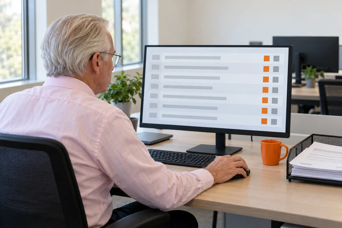 A white-haired man in rimless glasses and a pale pink shirt reviews rows of grey bars with orange and grey squares on a monitor, an orange mug beside a tray of invoices.