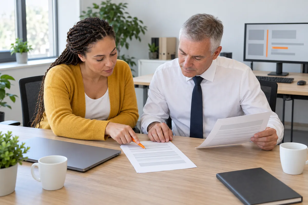 At a desk, a woman with braided hair in a mustard cardigan points an orange pen at a printed agreement while a man with a grey crew cut in a white shirt and dark tie holds a second page.