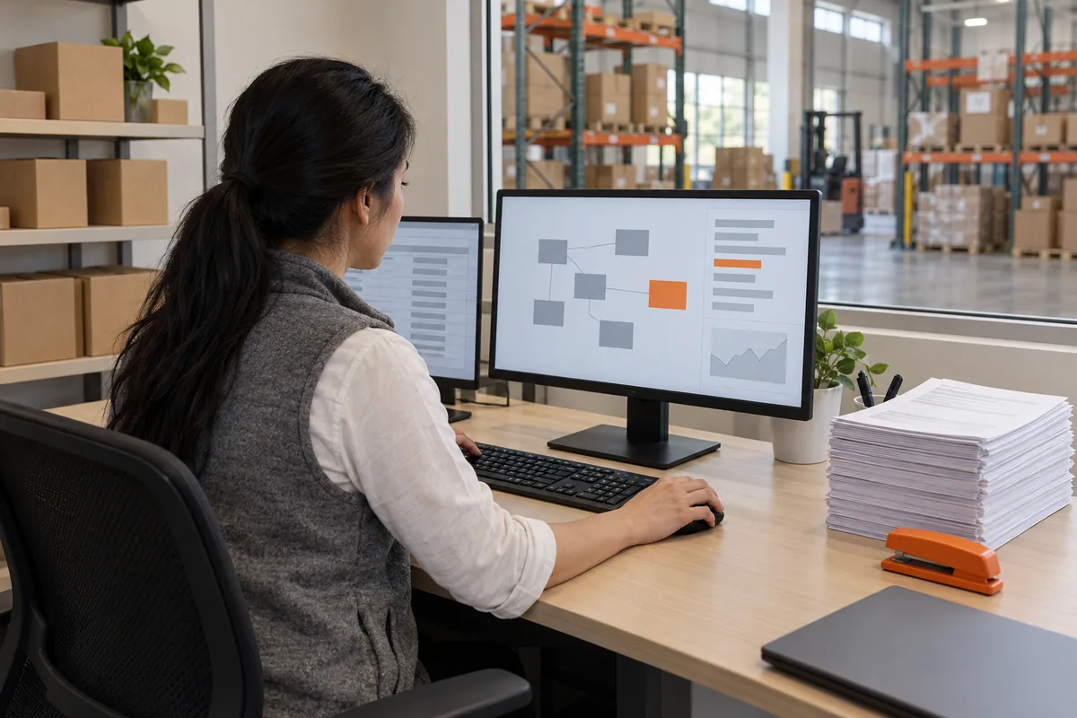 A woman with long black hair in a grey fleece vest looks at a monitor showing a diagram of grey boxes and one orange box, beside a tall stack of paper forms and an orange stapler, a warehouse visible through the window.