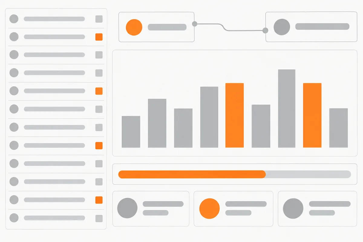 An abstract testing dashboard with a column of grey rows ending in orange or grey squares, a bar chart with two orange bars and a partly filled orange progress track.