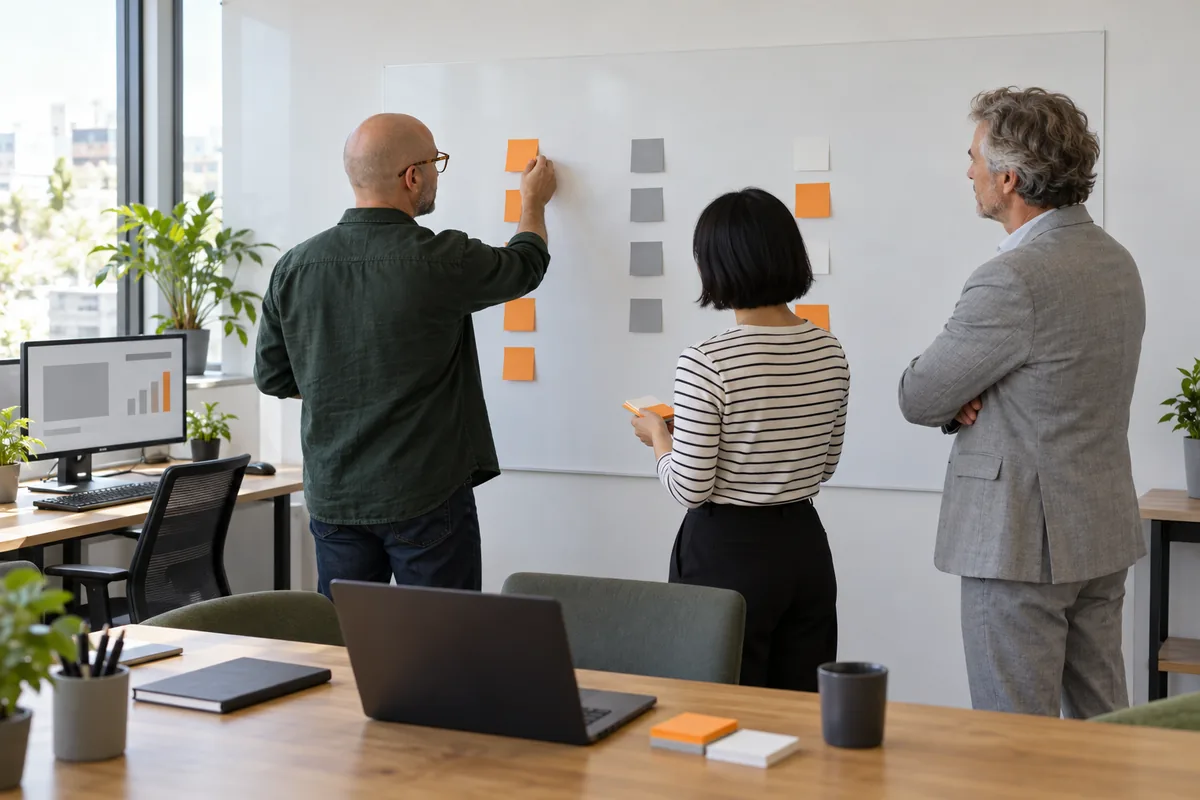 Three people stand at a white wall board sorting blank orange, grey and white sticky notes into three loose columns.