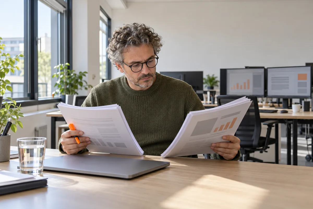 A man with curly greying hair and round glasses in an olive sweater compares two thick printed reports at a desk, holding an orange highlighter.
