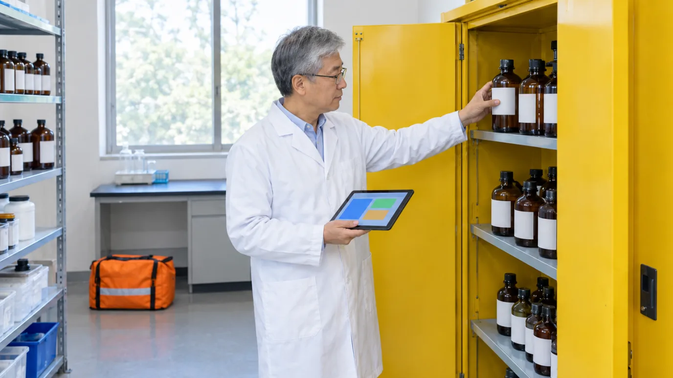 A man in a lab coat holding a tablet and checking a brown reagent bottle in an open yellow chemical safety cabinet