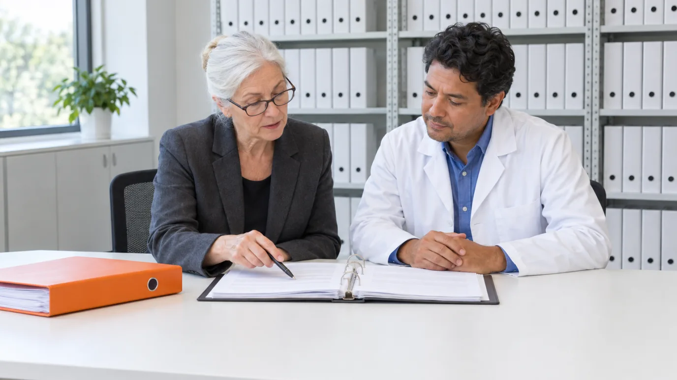 An auditor pointing with a pen at a page in an open ring binder while a colleague in a lab coat looks on, in front of shelves of white binders