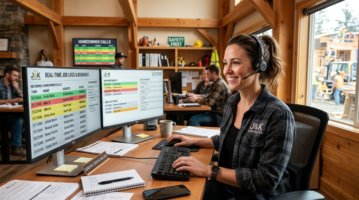 American construction operations dispatcher reviewing real-time call logs and Jobber bookings