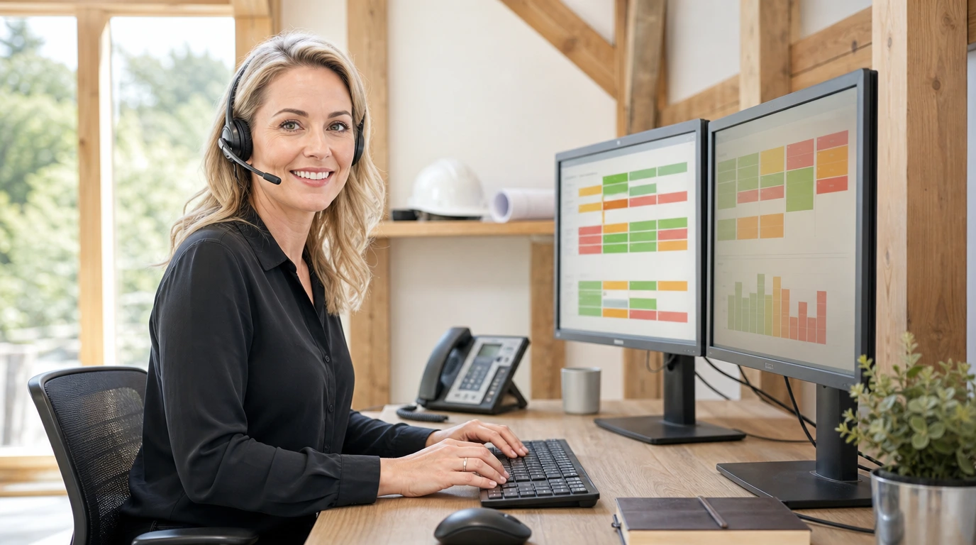 Contracting company office manager on a headset call reviewing a colour-coded job schedule