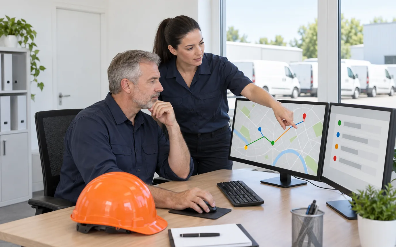 A man and a woman in navy work shirts at a dispatch desk looking at a monitor with a street map and a route line