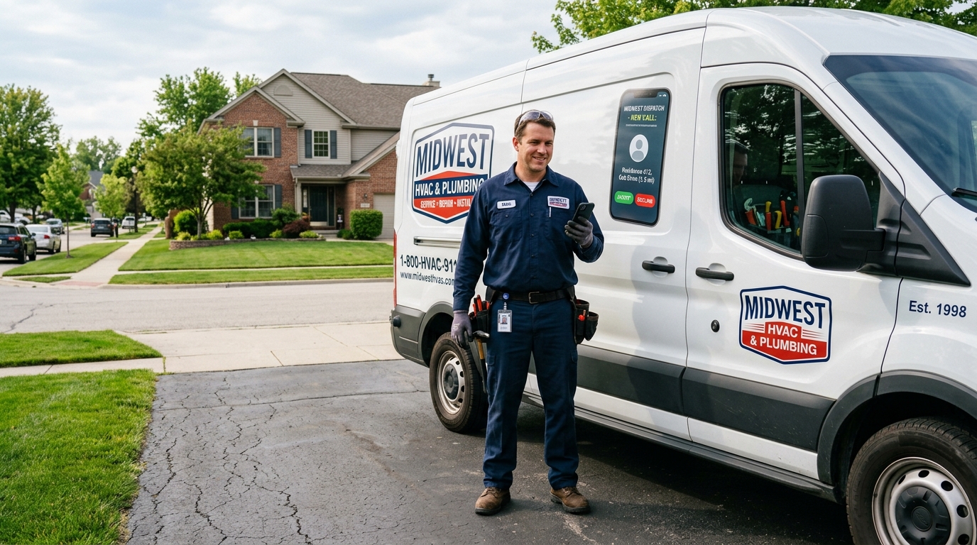American HVAC service technician standing by service van checking automated emergency call dispatch