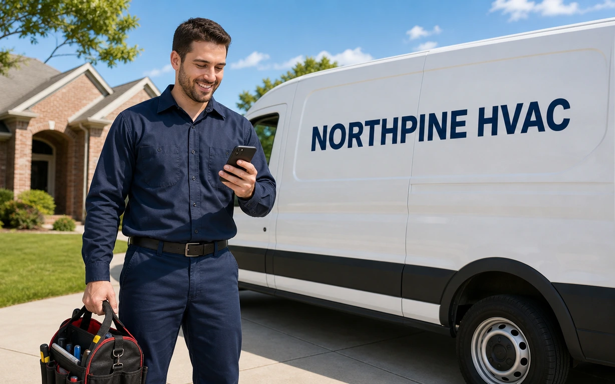 American HVAC service technician standing by service van checking automated emergency call dispatch