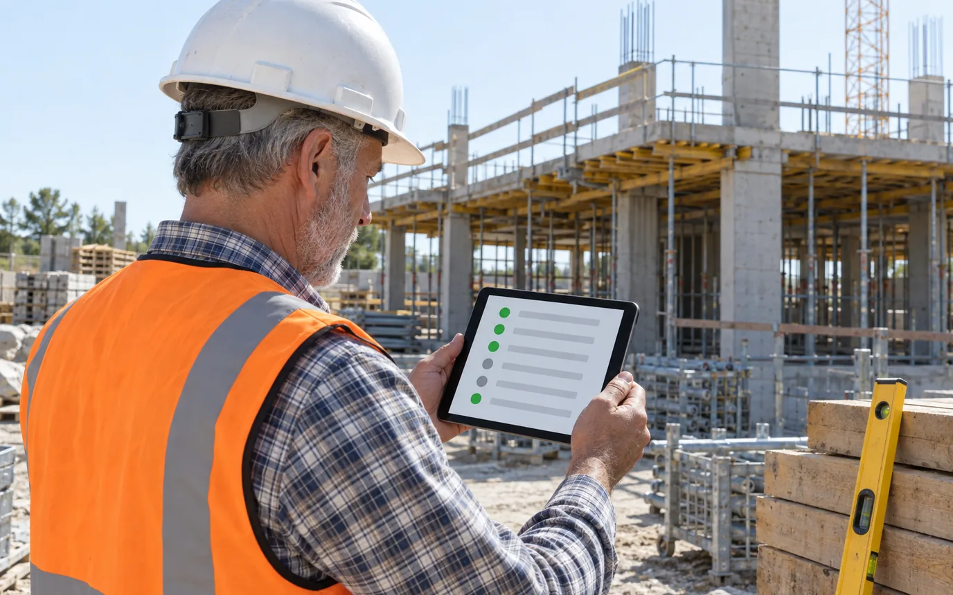 A site supervisor in a white hard hat and orange vest holding a tablet that shows rows with green dots, a concrete frame behind him