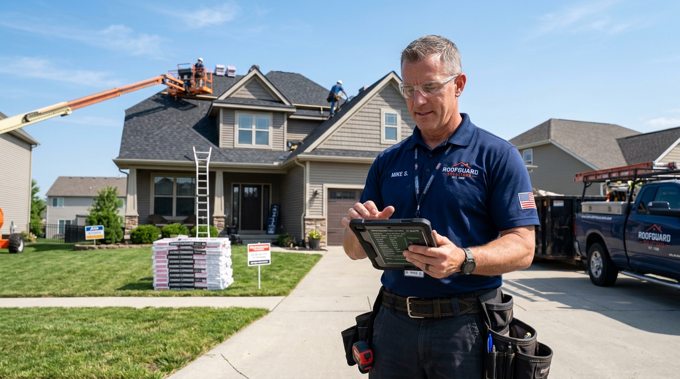 American roofing company project manager reviewing digital roof estimate calculations on tablet