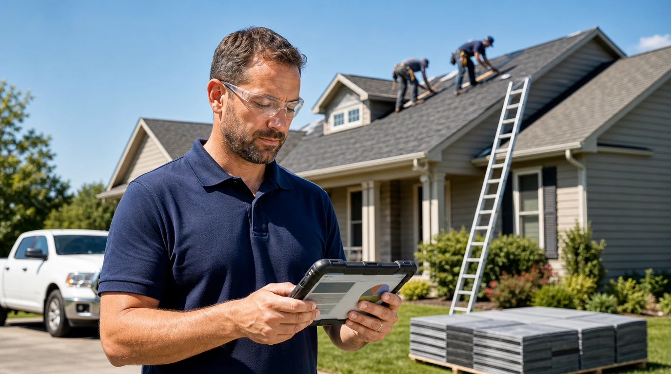 American roofing company project manager reviewing digital roof estimate calculations on tablet