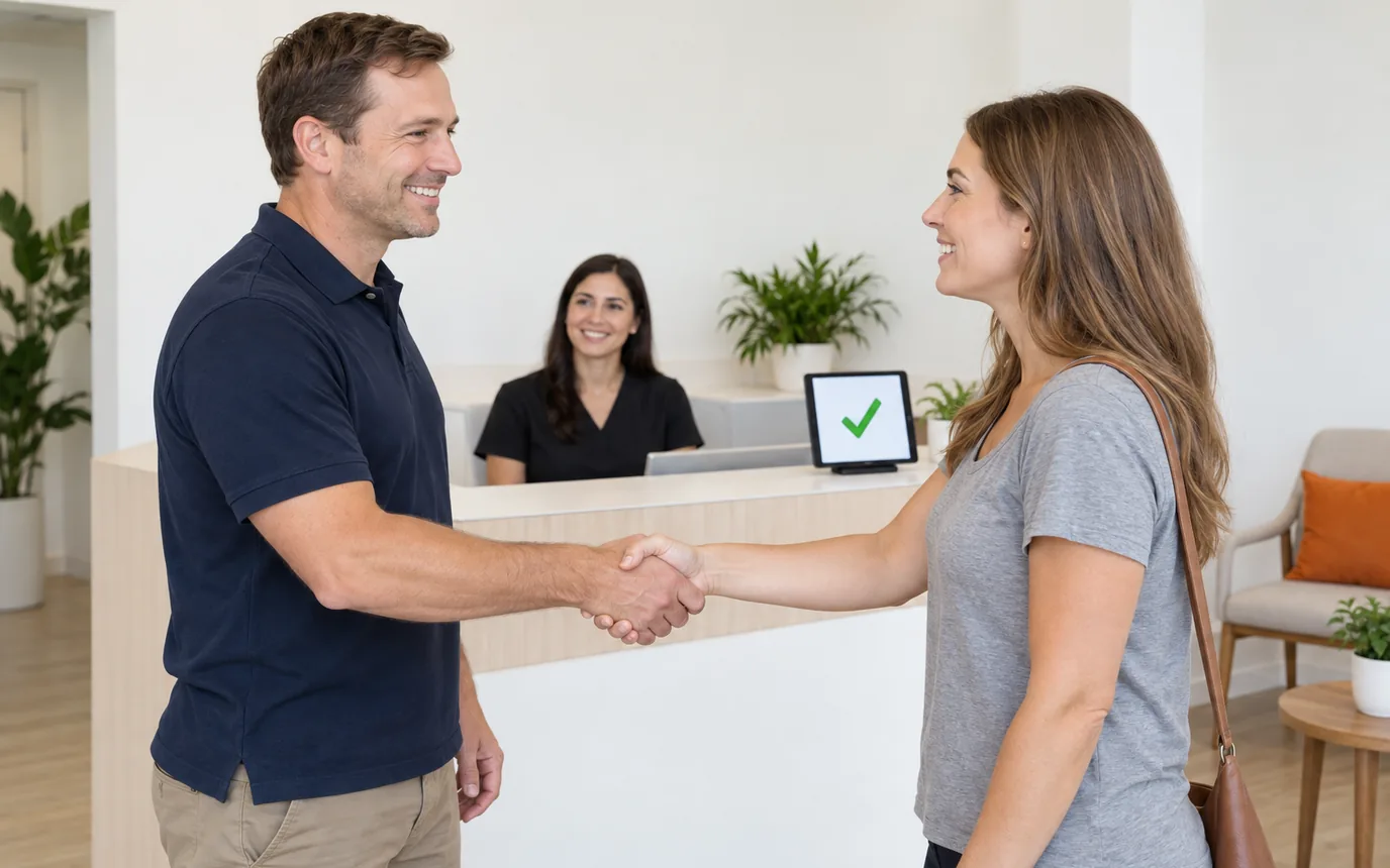 A man in a navy polo shaking hands with a woman at a clinic front desk where a tablet on a stand shows a green tick