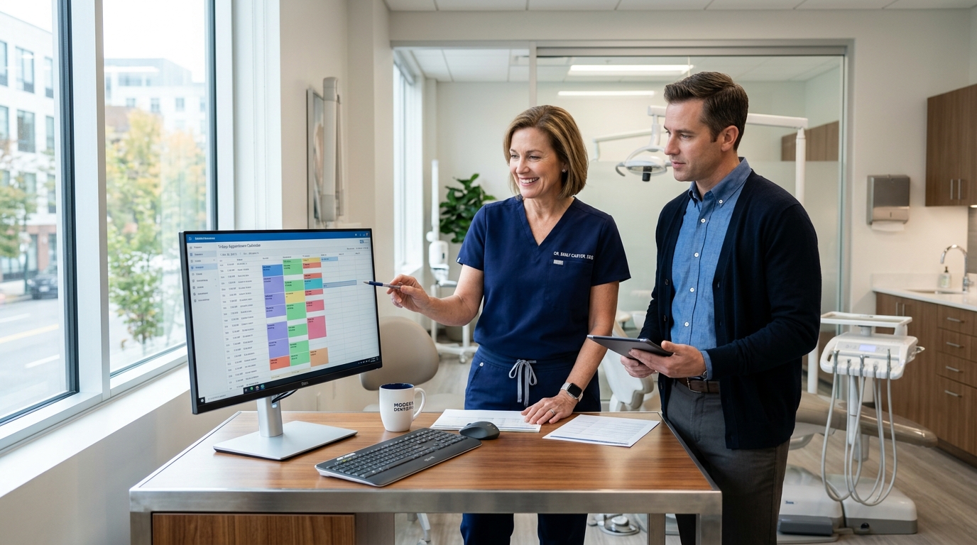 American dental practice consultation room with automated AI appointment scheduling