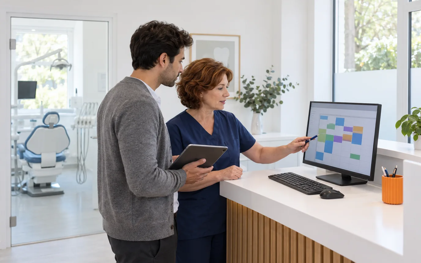 A woman in navy scrubs pointing a pen at a monitor with a colour-blocked weekly calendar while a man beside her holds a tablet