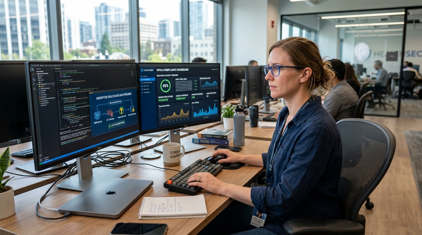 American healthcare data security specialist reviewing HIPAA encrypted telemetry dashboards
