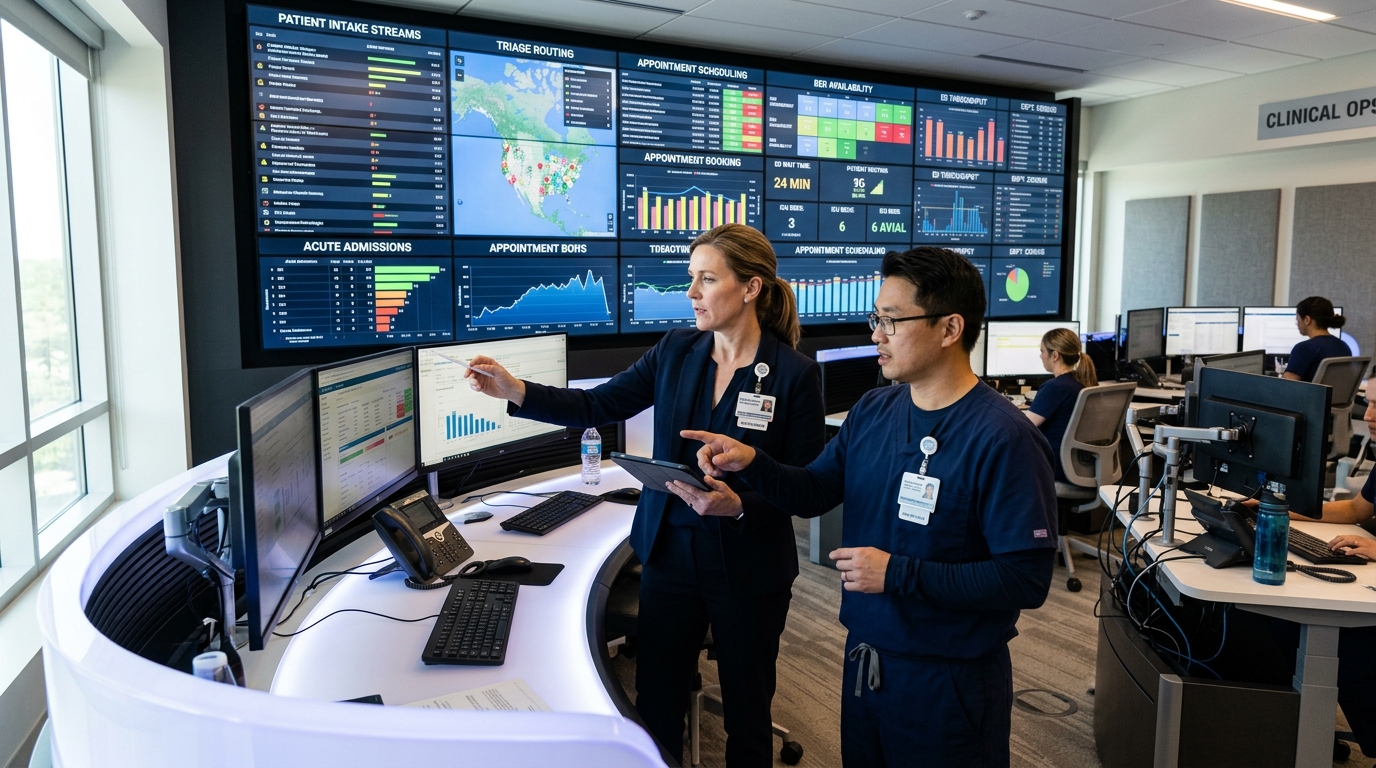 American hospital clinical coordination room with AI intake stream telemetry
