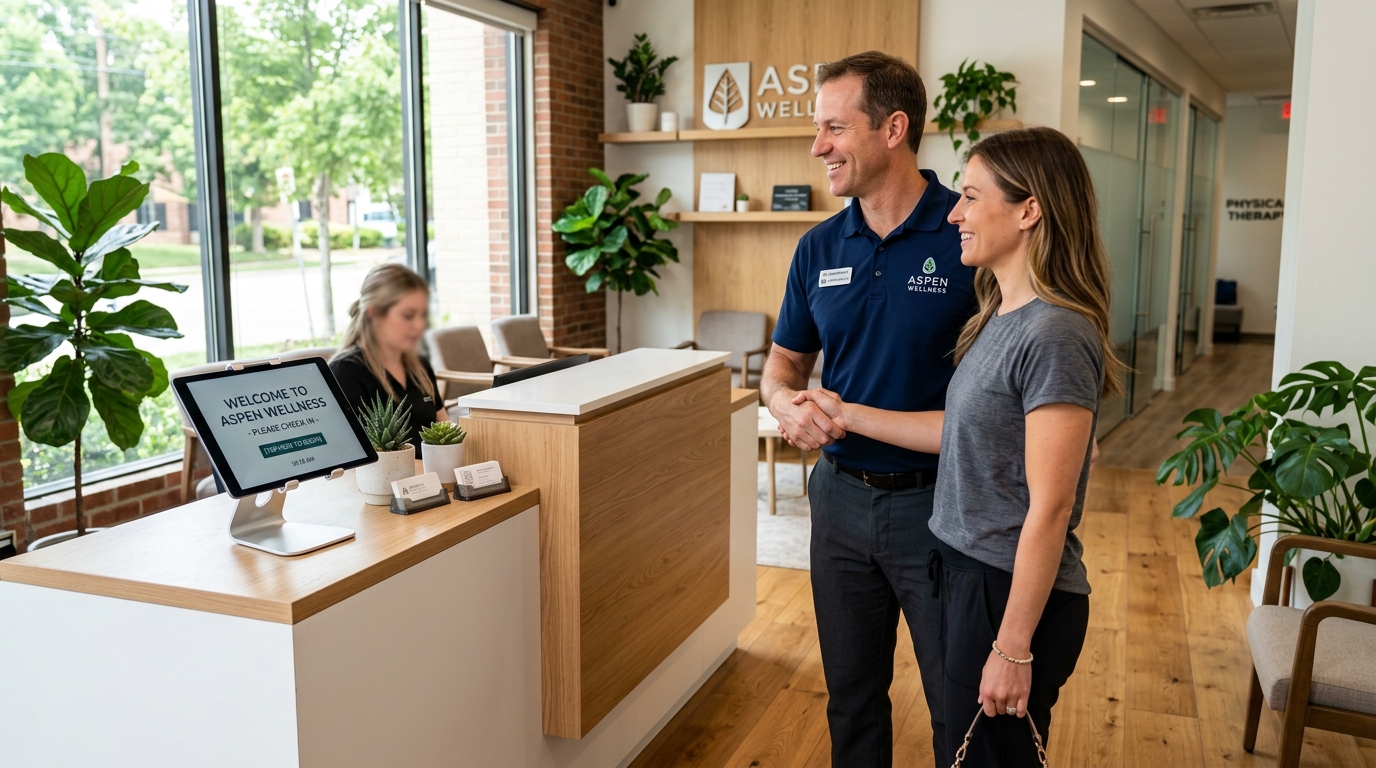 American chiropractic and physical therapy clinic front desk with automated check-in
