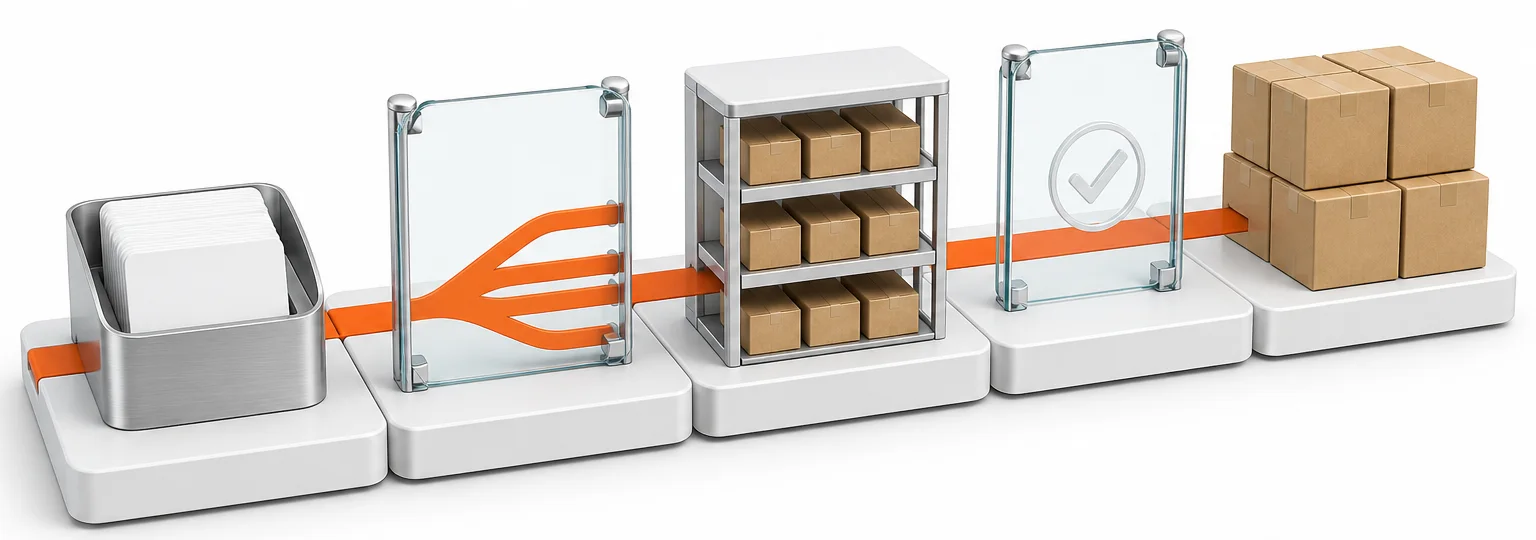 AI-generated model of an order moving from intake through routing, inventory, a check gate, and packed shipments