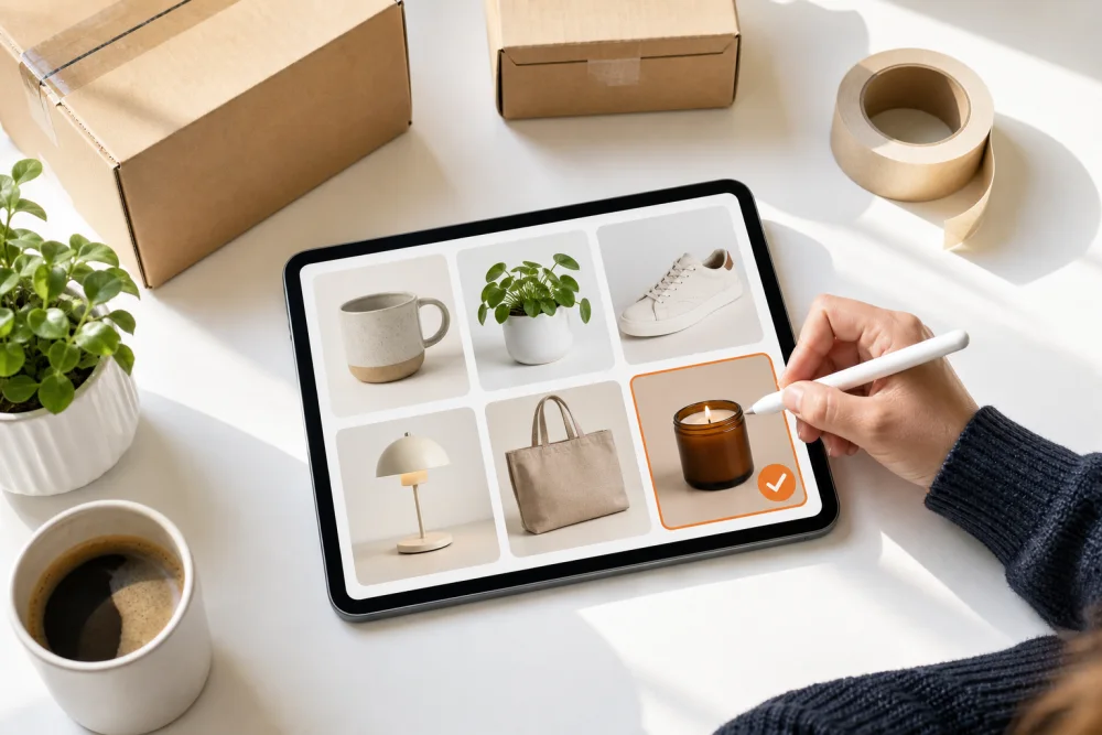 AI-generated photo of a person approving a product on a tablet at a packing desk