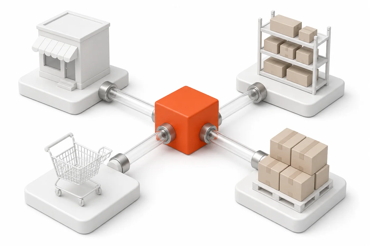 AI-generated model of one commerce hub connected to a storefront, a shopping cart, warehouse shelving, and wholesale pallets