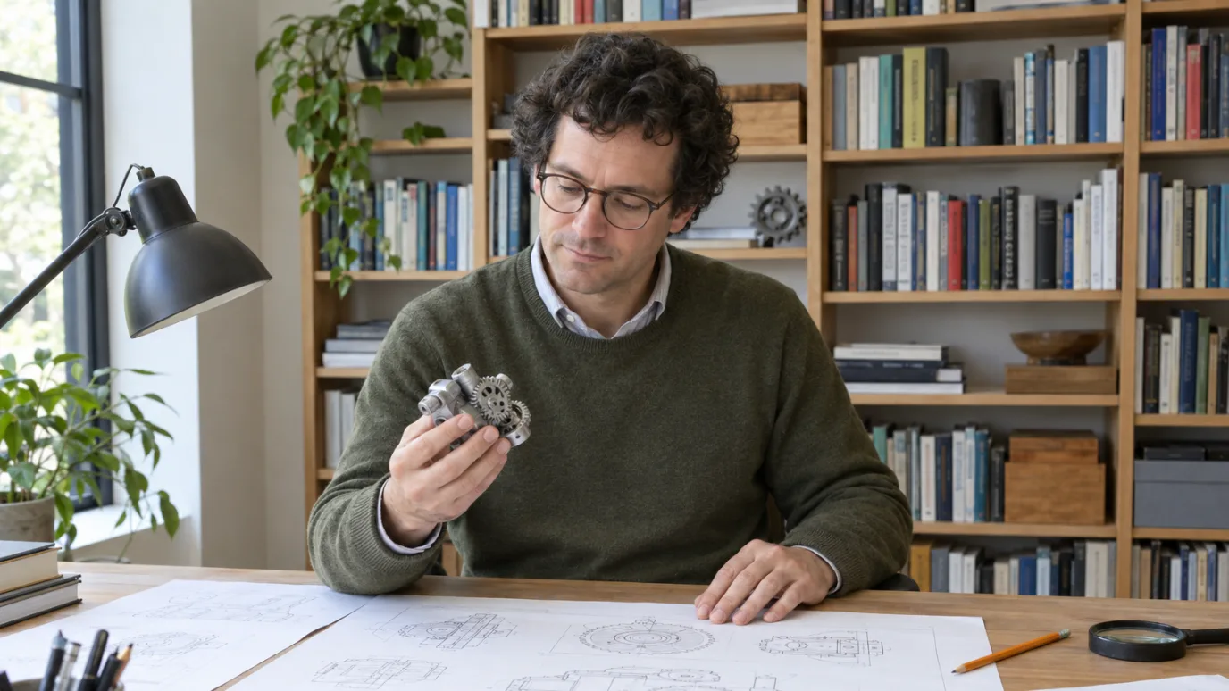 A man in glasses examining a small metal gear mechanism over line drawings of mechanical parts spread across his desk