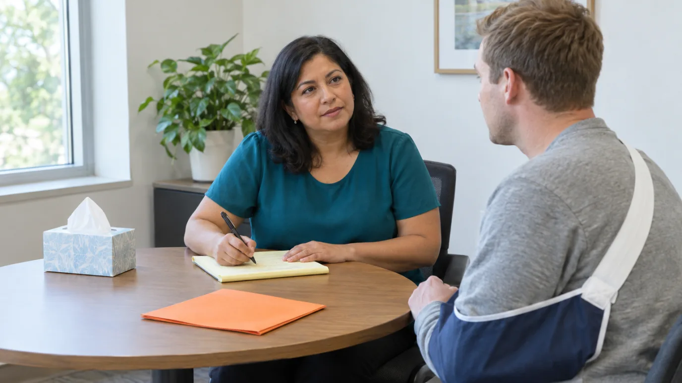 A woman taking notes on a yellow legal pad across a small round table from a man with his arm in a sling