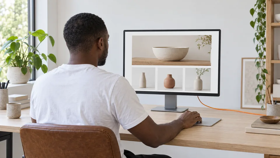 A man scrolling a web page on a monitor that shows a photo of a ceramic bowl above three vase tiles