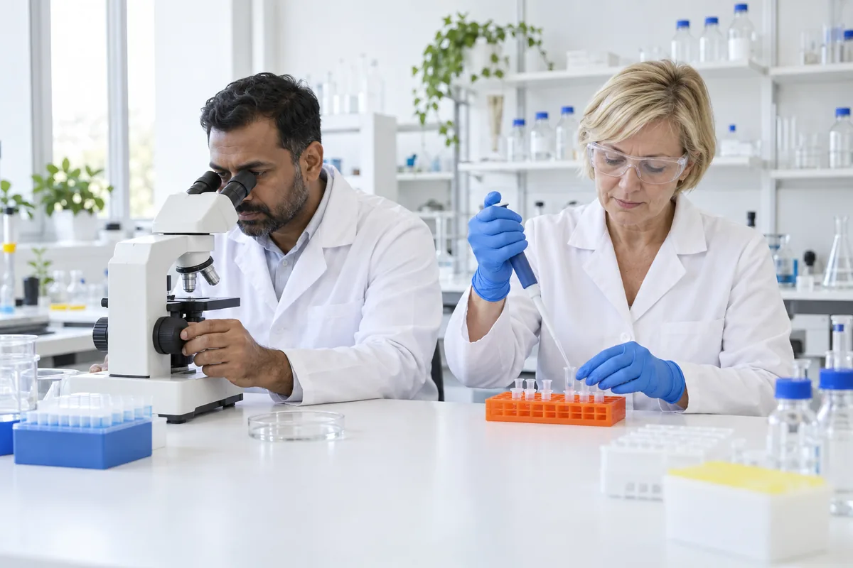 Two researchers in white lab coats at a laboratory bench, one looking into a microscope and the other filling small tubes with a pipette
