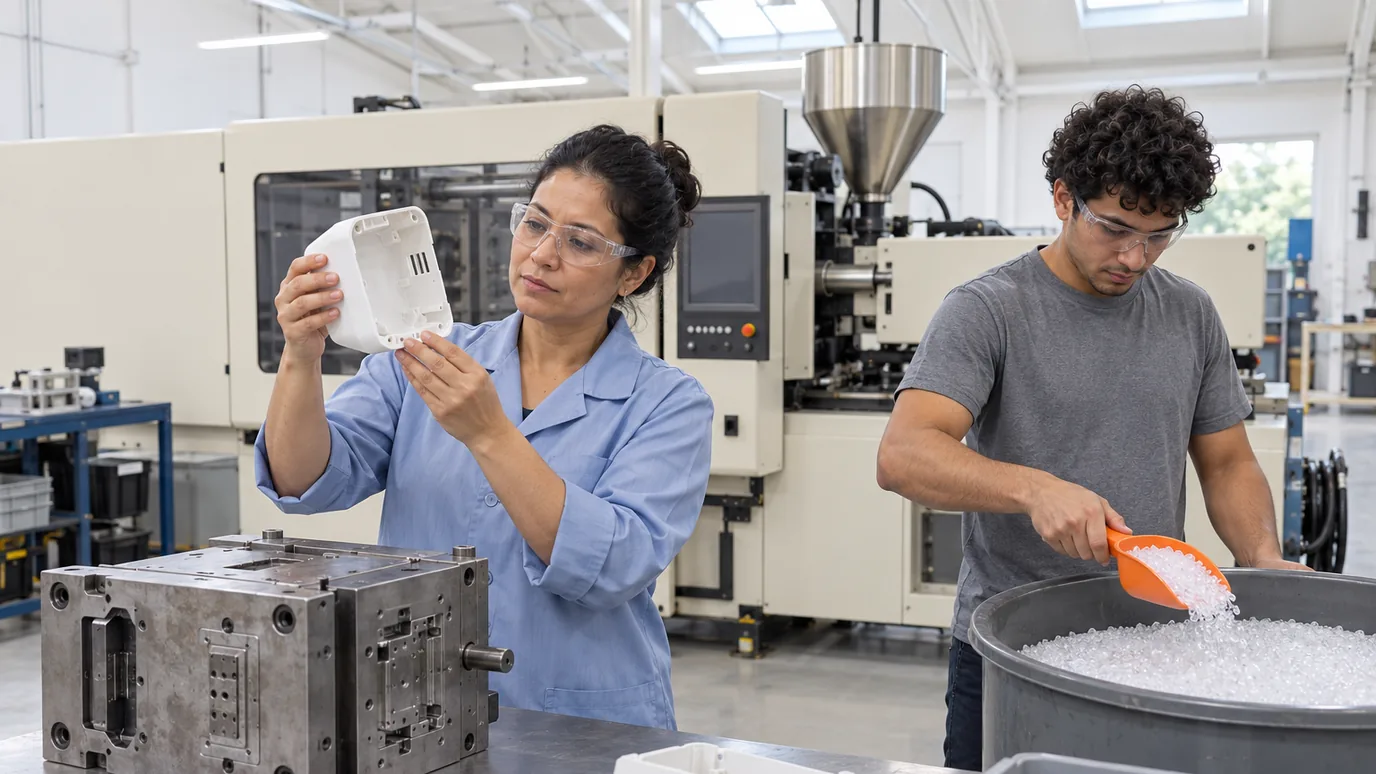 A woman inspecting a white molded plastic part beside an injection molding press while a man scoops clear resin pellets from a drum