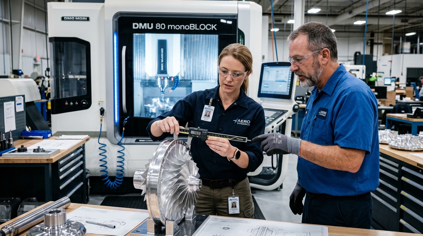 American CNC manufacturing engineer and machinist inspecting machined aerospace turbine component