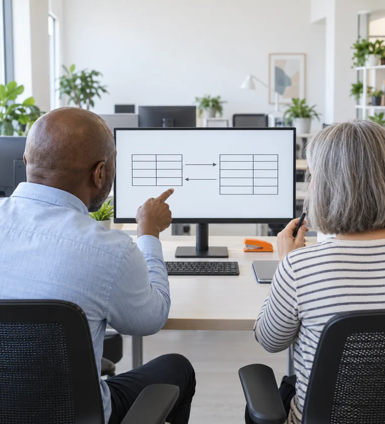Two developers at a desk looking at a monitor that shows two tables of empty cells joined by arrows