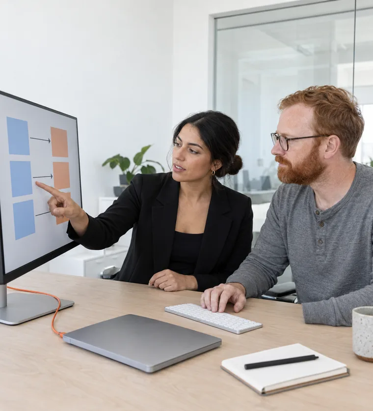 Two people at a desk studying a monitor that shows two columns of coloured boxes joined by arrows in a bright office