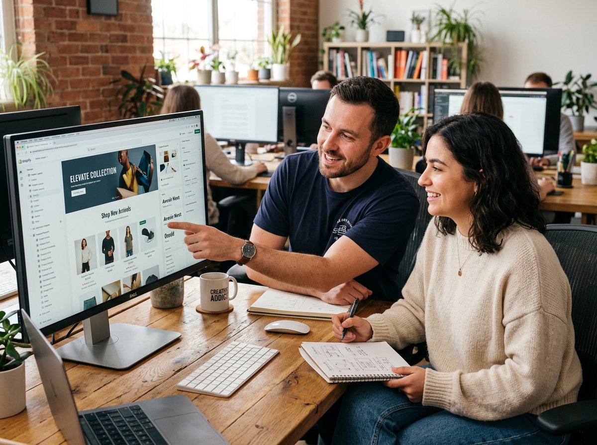 FactoryJet senior e-commerce designers reviewing Shopify theme components and typography