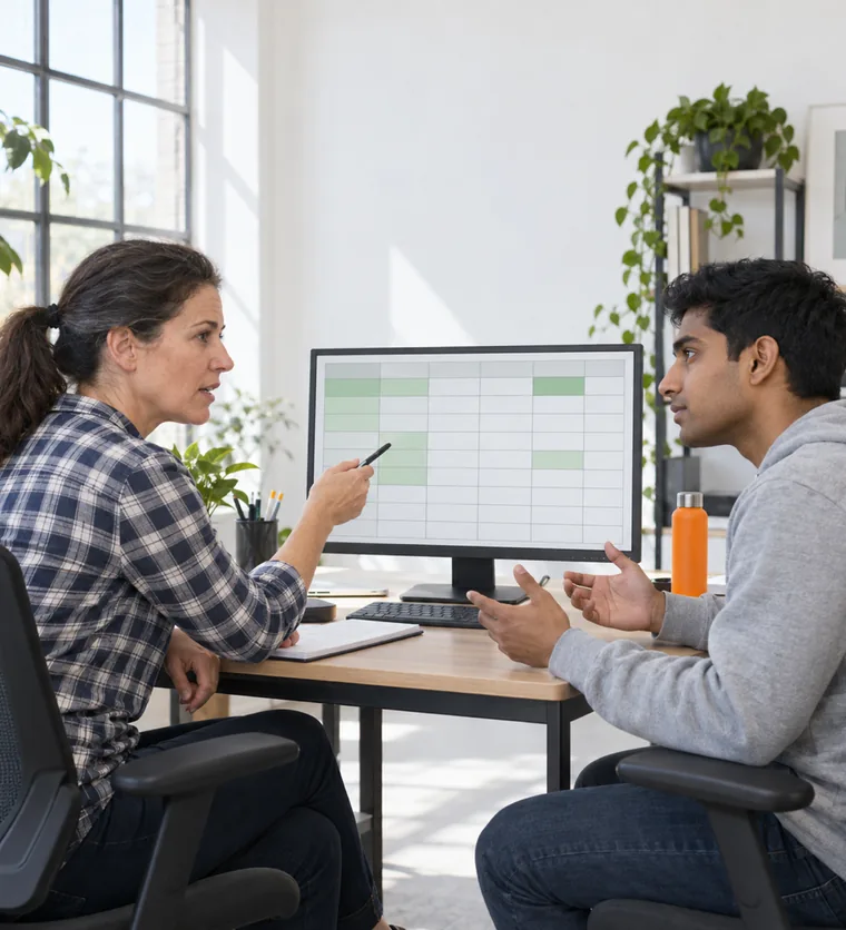 Two engineers at a desk, a woman holding a pen toward a monitor that shows a grid of table cells with some shaded green