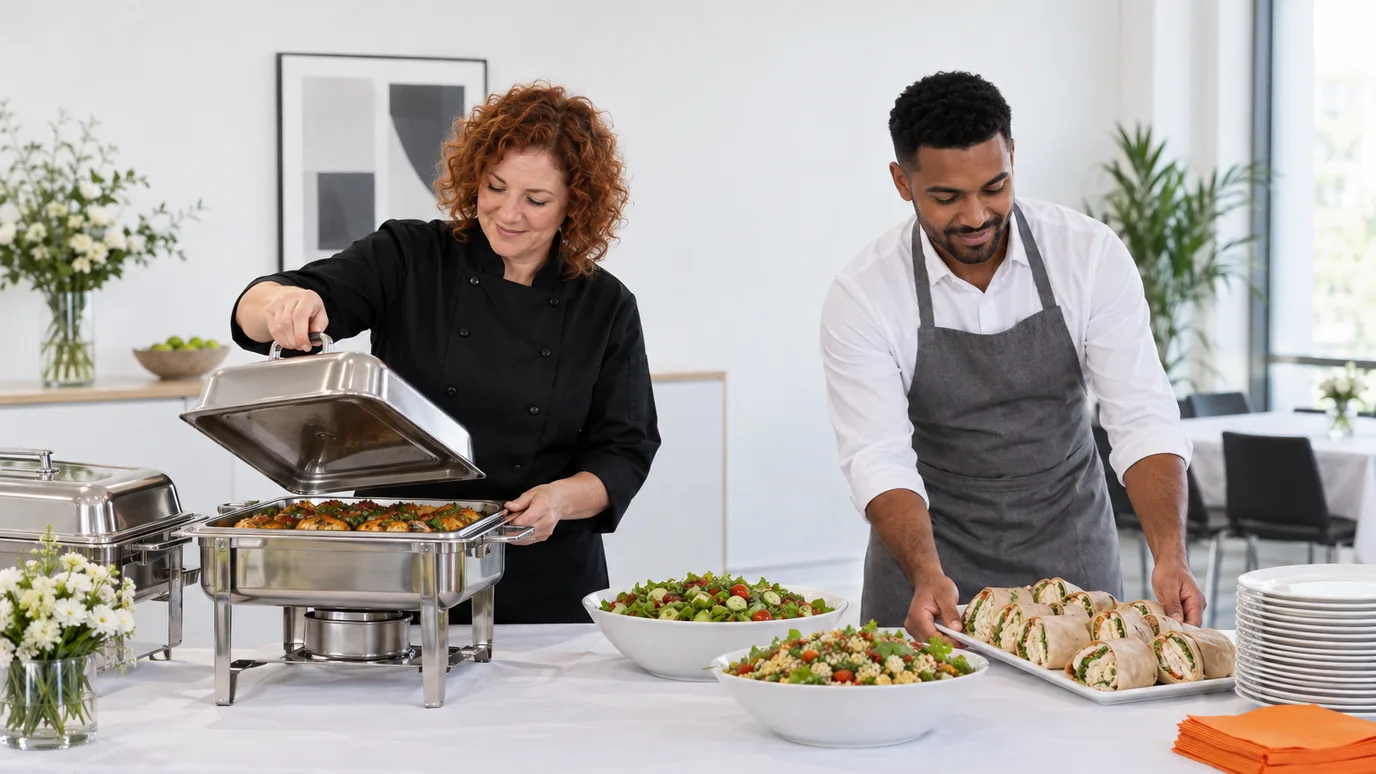 Two caterers setting a lunch buffet on a long white table, one lifting the lid of a chafing dish and the other placing a platter of wraps