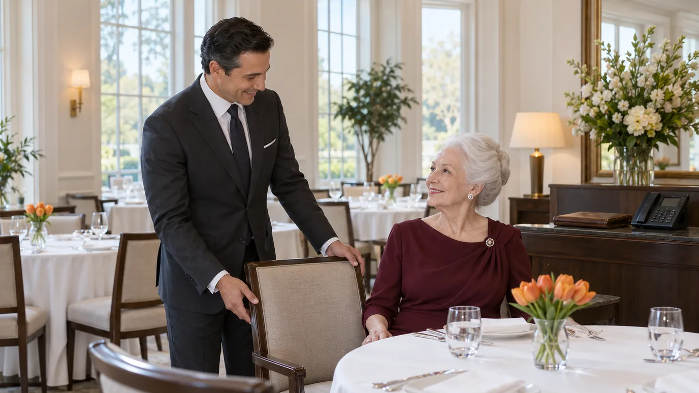 A host in a charcoal suit standing beside a seated older woman at a white-clothed table in a bright dining room, a desk phone behind them