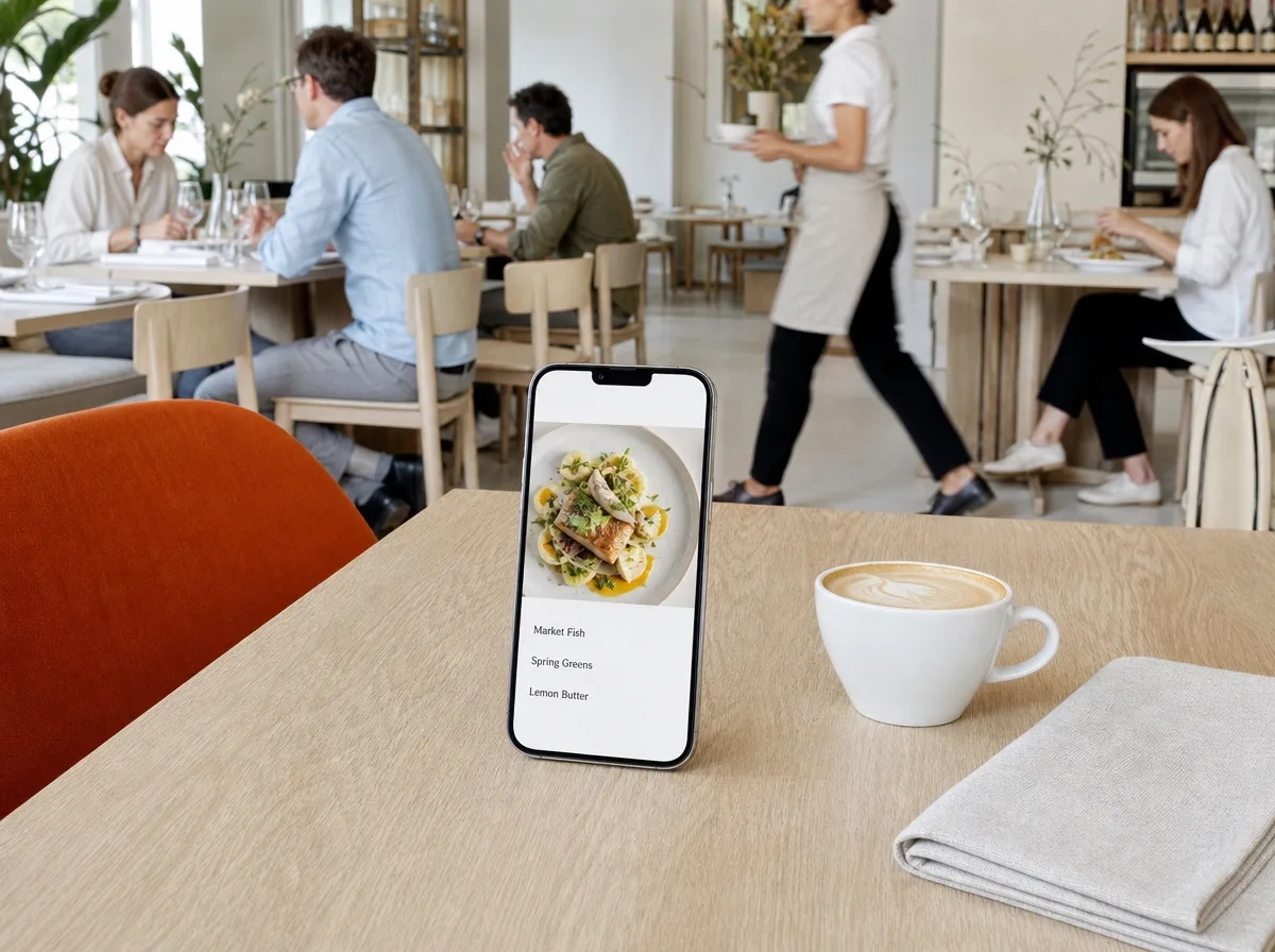American chef taking artisanal pizza from brick oven with digital kitchen display screen in background