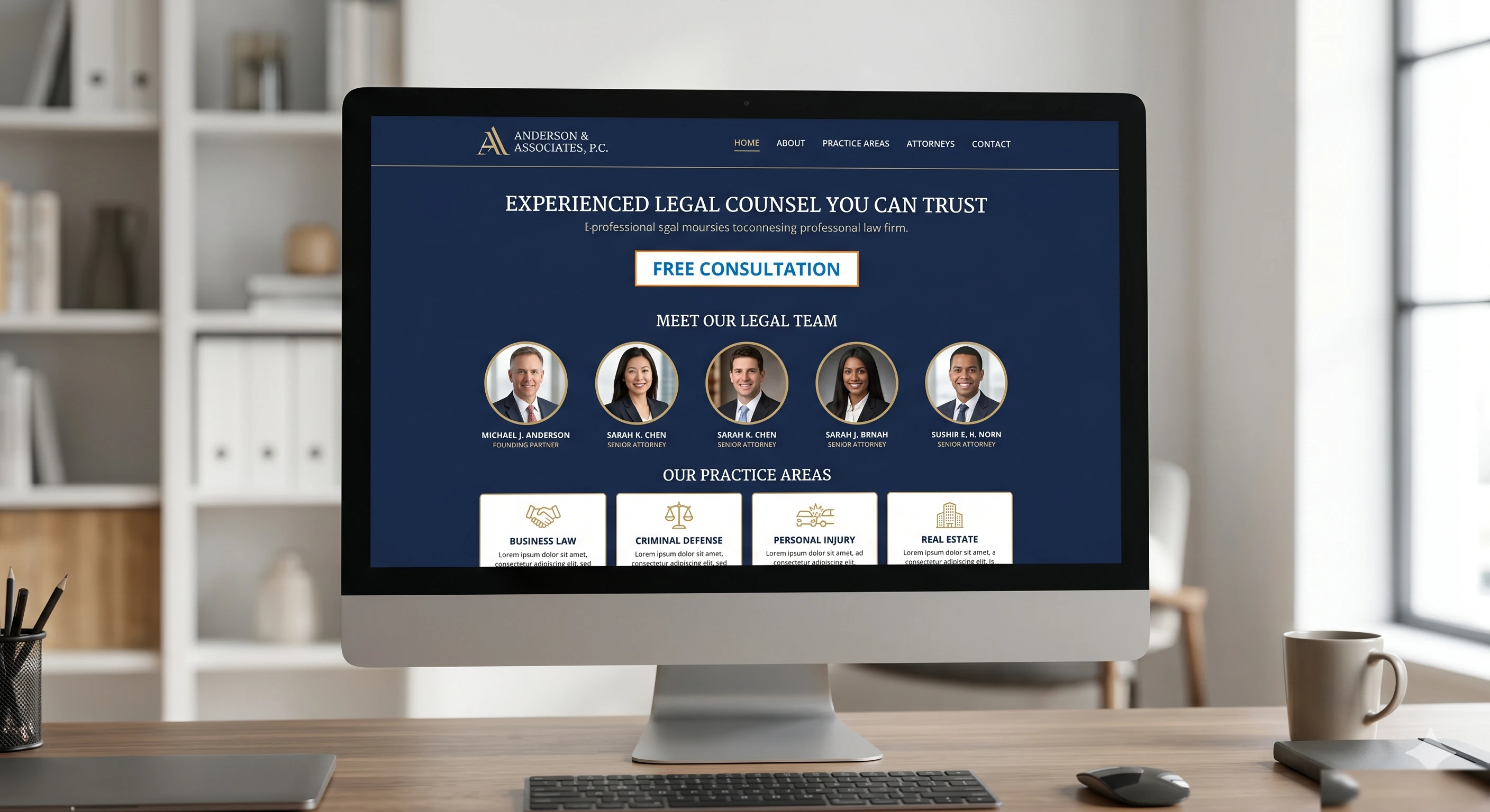 Law firm website on a MacBook showing a professional attorney profile page