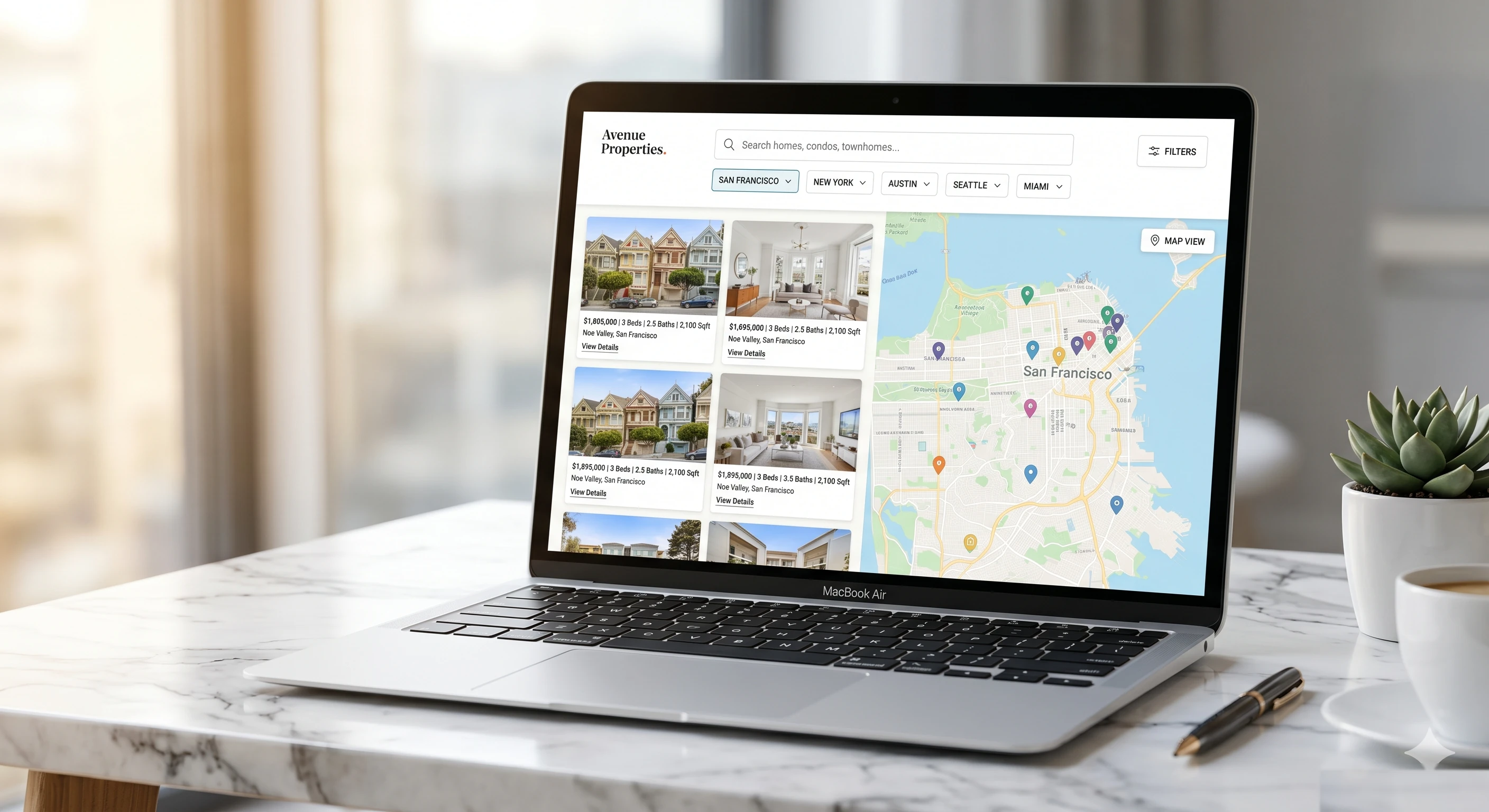 Real estate agent website on a laptop showing property listings and search filters