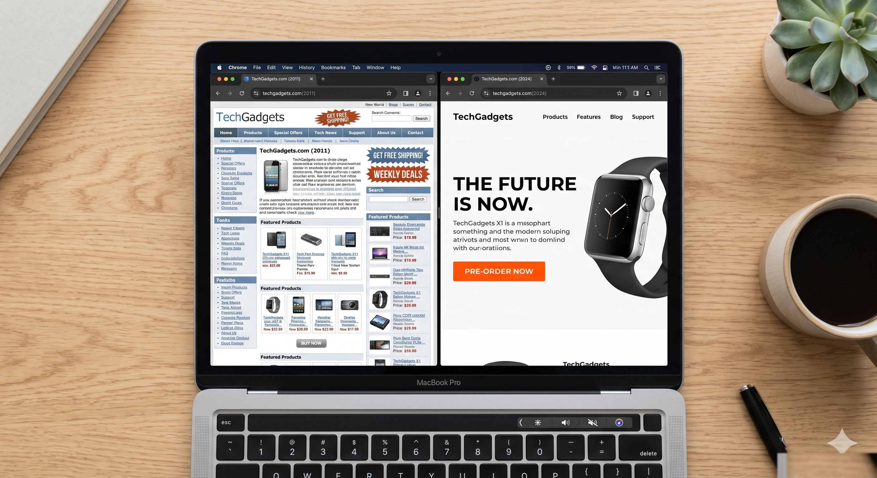Before and after website redesign shown side by side in a browser