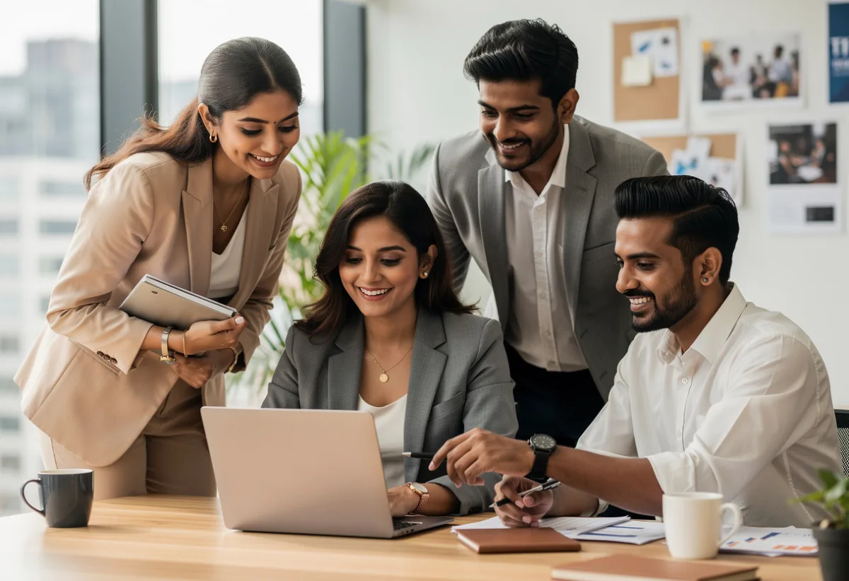 A digital marketing team in India collaborating around a laptop