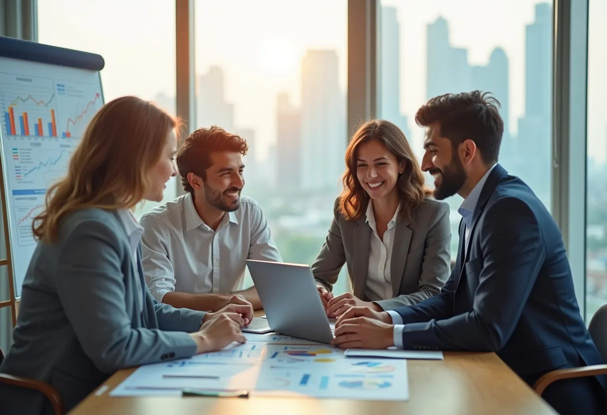 A digital marketing team in an Ahmedabad office reviewing a marketing strategy together