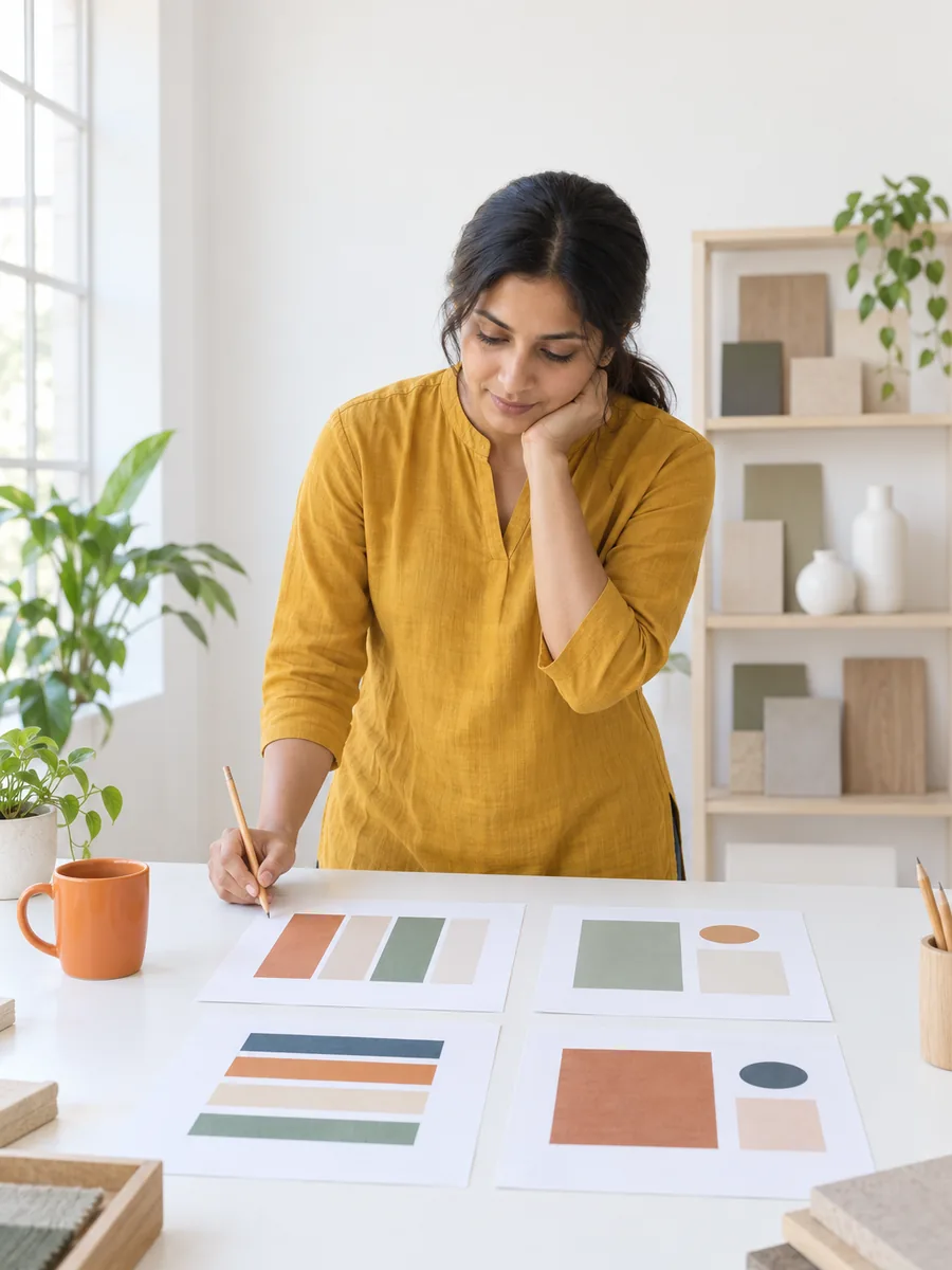 A woman in a mustard tunic standing at a white desk looking over four printed sheets of coloured blocks, a pencil in her hand