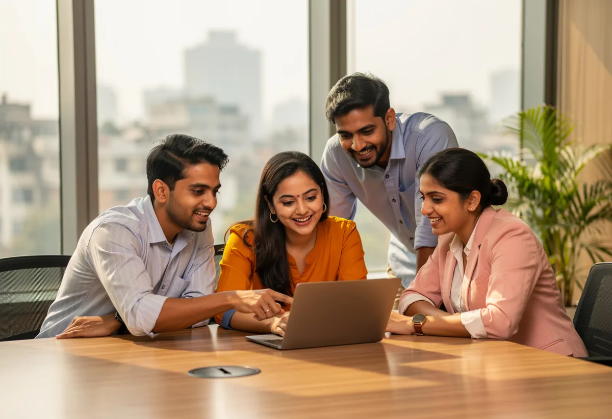 A senior digital marketing team collaborating in a modern Delhi office