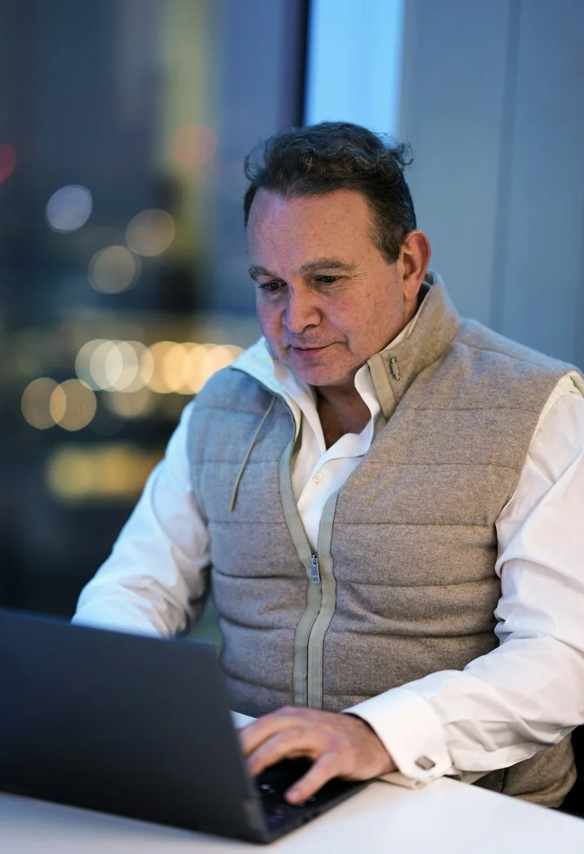 A professional working on a laptop in the evening